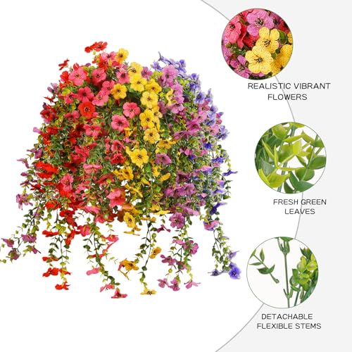 Artificial Hanging Flowers for Outdoor Decor, 6 Bundles UV Resistant Faux Silk Flowers, Fake Hanging Plants for Porch Patio Yard Planter Indoor Home Decoration(Fuchsia, Red, Purple, Yellow, Blue) - color: 5 Multicolor