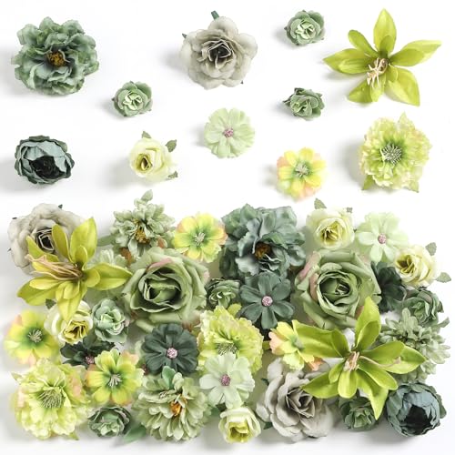 rongflower Fake Flower Heads for Crafts - Green Silk Artificial Roses, Peonies, Daisies & Mini Floral Heads Bulk (48-Pack) for Wedding Decor, Graduation Cap, Cake Topper, Baby Shower, Home Decoration - color: Green