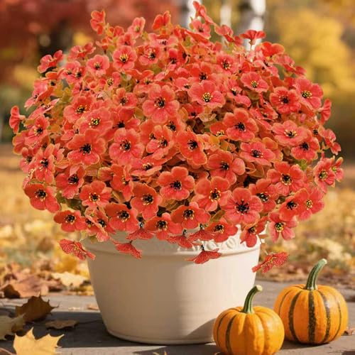 Artificial Mums for Outdoor Fall Decor Flowers, 12 Bundles Fall Decorations for Home Fake Mums Artificial Flowers, Fake Plants for Outdoor Planters UV Resistant for Porch Outside Yard - color: Orange Green, size: 12 Pcs
