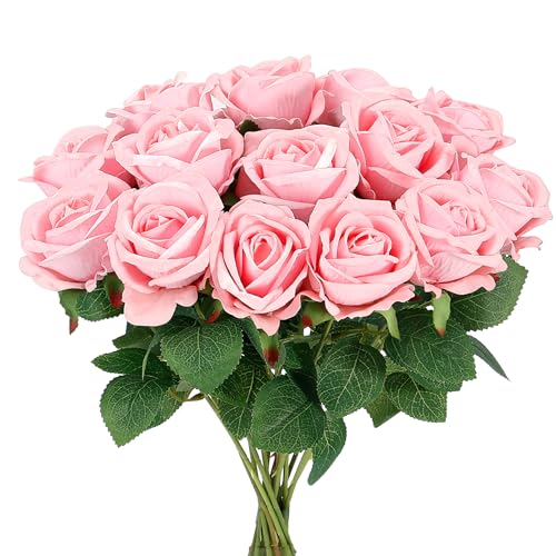 Auihiay 14PCS Pink Fake Roses, Artificial Roses Flowers with Long Stems for Mother's Day, Valentine's Day, Wedding Bouquet, Baby Shower, Birthday, Home & Party Decor - color: Pink