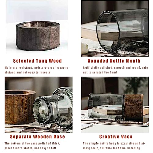 Artistic Wood Glass Vase, 12" H, Large Wooden Base Cylindrical Flower Vase, Classic Boho Rustic Style for Fireplace Bedroom Kitchen Living Room Centerpieces Office Desk