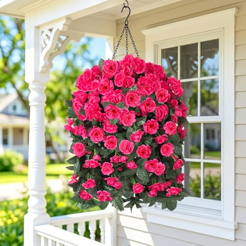 Artificial Geraniums Faux Hanging Plants Flowers Basket for Outdoors, Fake Silk Geraniums Vines in Planter UV Resistant Look Real Spring Summer Outdoor Decorations for Outside Yard Patio, Hotpink - color: Hotpink