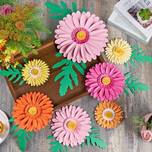 PAPER JAZZ Paper Flower Wall Decor, Handmade 3D Daisy Party Decoration Large Paper Flower in Pink, Orange, Yellow with Green Leaves, Modern Home Wall Art for Bulletin Board,Easter - color: Rose Red