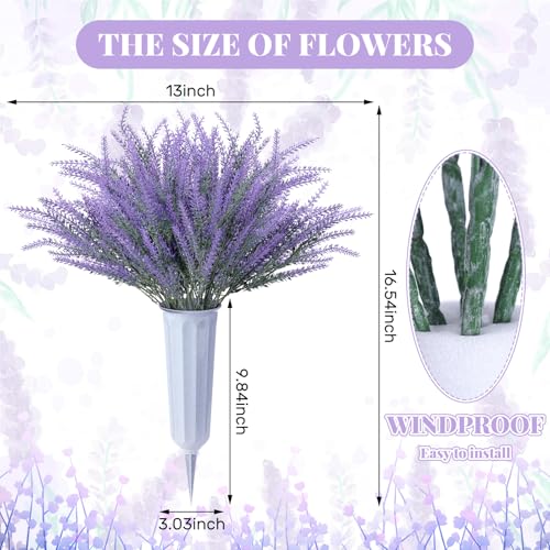 Thiccywoov 2 Sets Spring Lavender Cemetery Flowers with Vase for Grave 12 Bundles Flocked Plastic Lavender Artificial Flowers for Spring Cemetery Headstones Decoration - color: Purple, size: Lavender