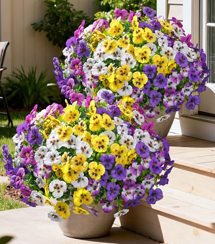 Ivydale 20PCS Artificial Fake Pansy Flowers for Outdoor Spring Summer Decor, Faux Silk Mixed Color Pansies UV Resistant Plants for Front Door Porch Yard Patio Window Box Home Decor - color: Purple Yellow White Gradient Purple Fuchsia