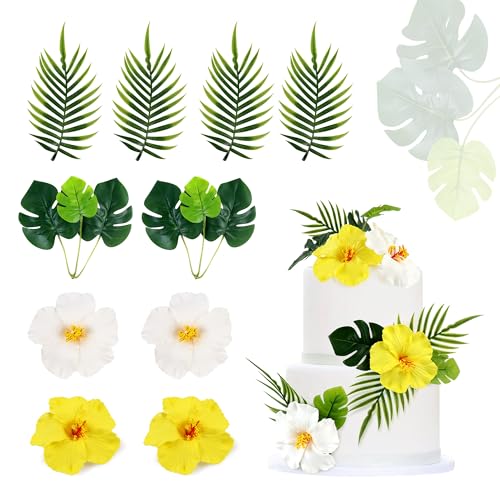 10PCS Artificial Hibiscus Flower Cake Toppers Hawaii White Yellow Hibiscus Cake Decors for Baby Shower Hawaii Theme Birthday Bridal Engagement Wedding Floral Cake Picks Summer Holiday Party Decoration - color: White