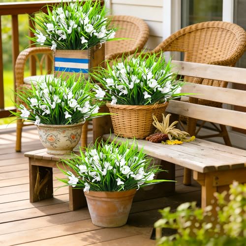 16 Bundles Artificial Plants Flowers for Outdoor Fake Monkey Grass with Flowers for Outside Planter Realistic UV Resistant Faux Plant for Garden Patio Pathway Front Porch(16, White) - color: White