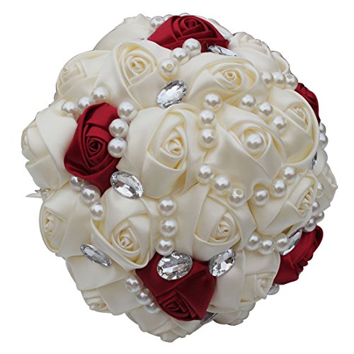S_SSOY Customizable Romantic Wedding Bouquets Silk Flowers Bridal Holding Roses Bride Bridesmaid Bouquet with Pearl Crystal Ribbon Valentine's Day (Ivory+Wine Red) - color: Ivory+wine Red