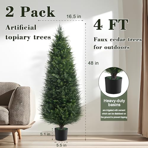 Chillchard Two 4ft Artificial Plants Topairy Faux Cedar Trees for Outdoor Planters, 48IN Tall Fake Pine Bushes UV Resistant Large Potted Shrubs for Front Porch Décor - color: 4 Ft - 2pack