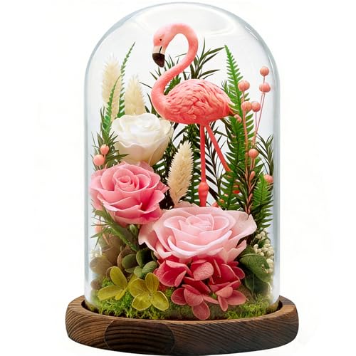 Eternal Flowers with Flamingo-Big Flower Big Love- Graduation Flowers Gifts for Daughter Wife Mom-Forever Flower in Glass Dome-Flowers for Delivery Prime on Anniversary Valentines Birthday (Pink) - color: Pink