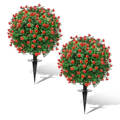 FAJUNZH Artificial Topiary Bushes for Outdoors with Spike, Boxwood Ball Fake Shrubs UV Resistant Faux Plants for Indoor Outdoor Fall Thanksgiving Halloween Decor (Artificial Boxwood Ball Bush-Red) - color: Artificial Boxwood Ball Bush-red