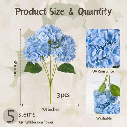 INXUGAO Artificial Flowers Fake Outdoor Hydrangea Bouquets with Long Stems, 3Pcs 18" Faux Light Blue Hydrangeas with Latex Real Touch for Outdoors, Wedding, Baby Shower and Party Decor - color: Light Blue