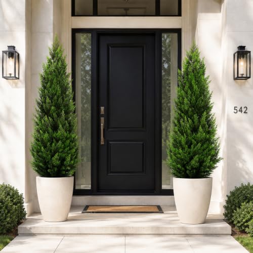 Artificial Topiary Cedar Trees 4FT Tall 2 Set, Outdoor Indoor Faux Pine Shrubs Plants, Realistic Fake Plants Front Porch Decor, Artificial Bushes Cypress for Home Front Door Offices - color: 2*pine Tree 4ft