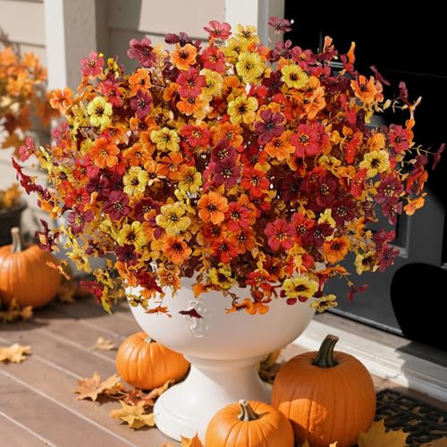 Roberly Artificial Fall Flowers for Outdoors Decoration, 12 Bundles Fake Mums Silk Daisy Flowers UV Resistant Faux Plastic Plants for Autumn Thanksgiving Porch Front Door Garden Home Decor, Mix Color - color: Mixedcolor