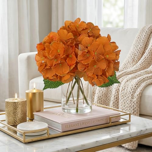 Hydrangea Artificial Flowers with Glass Vase, Orange Real Touch Silk Hydrangea Arrangement with Faux Water, Small Faux Floral Centerpiece for Home Decor, Wedding, Bathroom, Shelf, Coffee Table - color: Orange-hydrangea