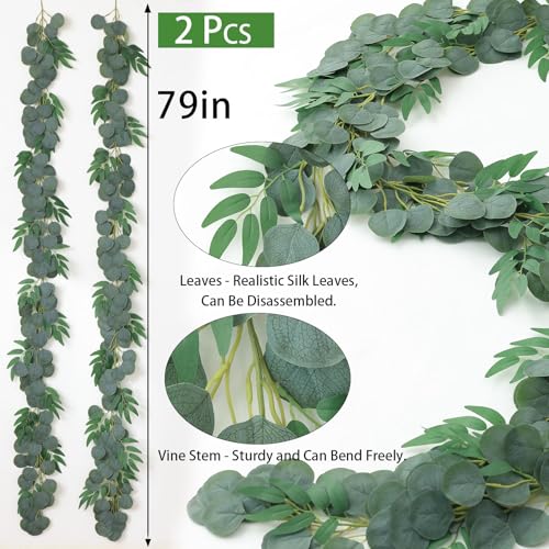 Mizii 2 Strands Artificial Vines Eucalyptus Garland 79" Fake Vine with Silk Green Leaves Faux Hanging Plants Greenery Decorations for Bedroom Table Centerpieces Party Wedding Room Decor (Eucalyptus) - color: Eucalyptus