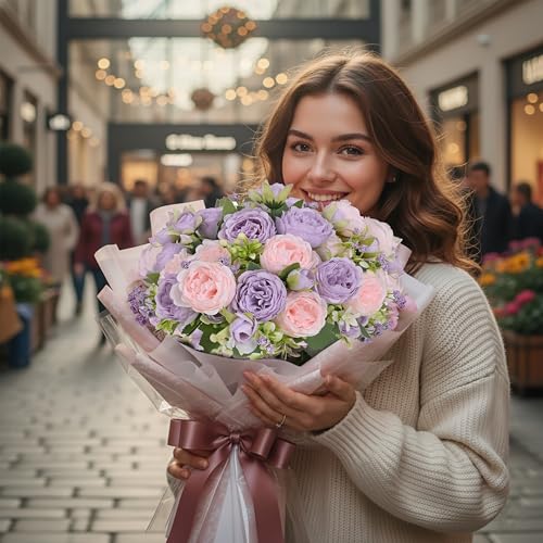 12 Bundles Peonies Artificial Flowers Bouquet, Lifelike Silk Fake Peonies with Stems for Home Table Centerpieces, Wedding, Party & DIY Bridal Floral Arrangements（Light Purple） - color: Light Purple