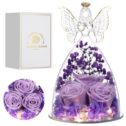 Mothers Day Mom Gifts for Women Preserved Flowers in Glass Angel Forever Flowers Gifts Eternal Roses Gifts for Grandma, Light Purple - color: Light Purple
