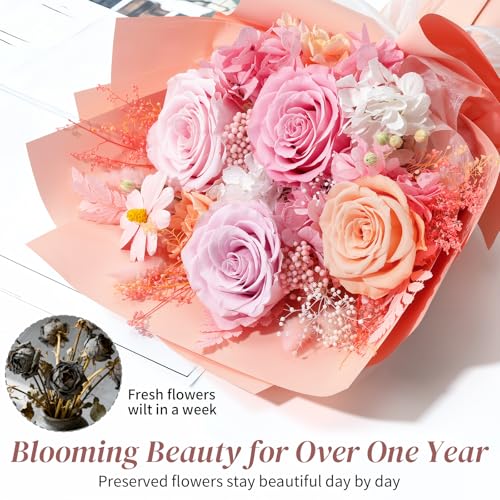 Lewondr Flower for Delivery, Preserved Flowers Bouquet, Mixed Rose Bouquet with Gift Box, Real Long-Lasting Forever Birthday Flowers Gifts for Wife Girlfriend Mother's Day Anniversary Proposal, Pink - color: Peach Pink