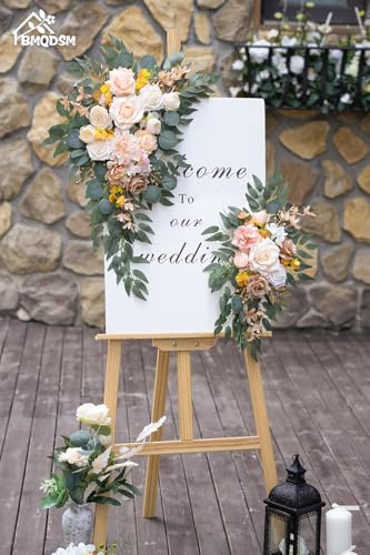 Wedding Welcome Signs Floral(Pack of 2)，Wedding Arch Flowers for Wedding Decorations and Reception Backdrop Decoration (New Champagne) - color: New Champagne