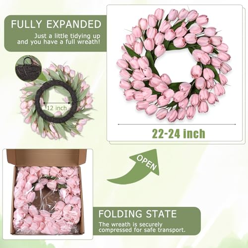 24 Inch Tulip Summer Wreath for Front Door Spring Silk Wreath with Green Leaves Artificial Tulip Flower Wreaths for All Seasons Farmhouse Porch Wall Living Room Home Widding Decor-Pink - color: Pink