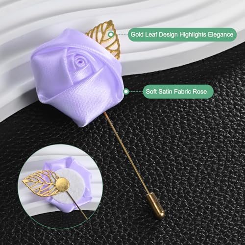 M METERXITY 12-Pack Flower Lapel Pins for Men, Golden Leaf Rose Boutonnieres Pin for Wedding/Dance/Party, Mens Lapel Pins for Suits Satin Flower Corsage Hat Pins [Light Purple] - color: Light Purple