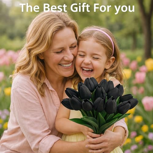 20 Pcs Tulips Artificial Flowers, 13.5'' Real Touch PU Fake Flowers Bouquet for Home Party, Spring Wedding Floral Arrangement, Valentine's, Easter and Mother's Day Decor (Black) - color: Black