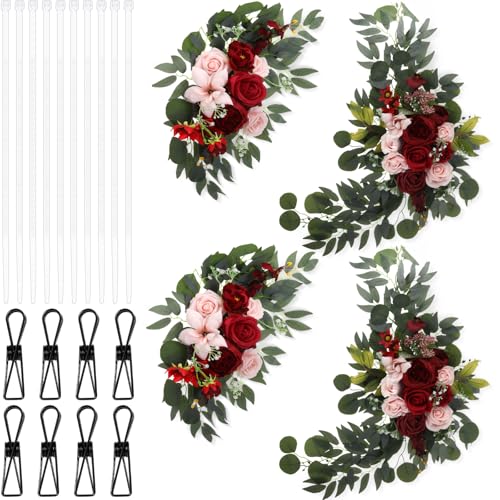 Hotop Wedding Arch Flowers Set of 4 Artificial Flower Swag Wedding Faux Floral Swag with 10 Cable Tie and 8 Clip for Party Welcome Signs Ceremony Reception Backdrop Decor(Romantic Burgundy) - color: Romantic Burgundy