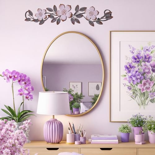Wesiti Metal Flower Wall Decor Vintage Metal Flower Wrought Iron Scroll Sculpture 15.7''x3.7'' Not 3D, Flat Farmhouse Leaf Wall Decor with Nails for Summer Bedroom Kitchen Indoor Outdoor(Purple) - color: Purple
