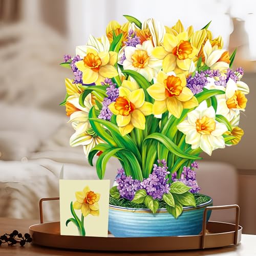 Airpark Pop Up Flower Bouquet Card for Women, 3D Floral Greeting Card with Envelope and Note, Birthday Thank You Thinking of You Get Well Gift for Mom Friend Wife Teacher, Daffodil - style: Daffodils & Lilacs
