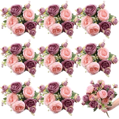 8 Bundles Artificial Peonies Flowers Boho Faux Flowers Arrangements Artificial Centerpiece Spring Bouquet Floral Wedding Decoration for Vase(Pink, Dark Pink) - color: Pink, Dark Pink