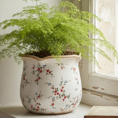 Ceramic Pots for Plants, Vintage Plant Pot with Drainage Hole, 6.11in. Planter for Indoor Plants, Crackle Glaze Finish Flower Pot, Perfect Tuscan Ceramic Planter for Gardening, Small Red Blooms - color: Small Red Blooms