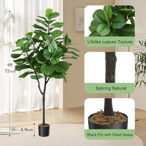 6ft Artificial Fiddle Leaf Fig Tree,Modern Potted Ficus Lyrata Faux Plant,Fake Artificial Tree with Dried Moss for Indoor Porch House Office Housewarming Home