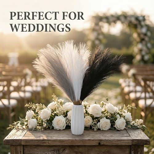 30Pcs Artificial Pampas Grass Decor - 21.7" Fluffy Black White Grey Faux Flowers for Vase, No Shed Boho Room Decor, Wedding Table Centerpieces & Photography Props - size: Black White Grey