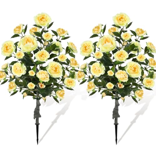 Lunmon 2 Pack 3ft Artificial Camellia Plants Tree 36" Faux Camellia Flower with Spike UV Resistant Realistic Fake Floral Blooming Bush for Indoor Outdoor Front Door Porch Backyard Garden, Yellow - color: Yellow, size: 3 ft