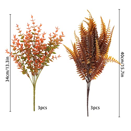 Uieke 6PCS Artificial Fall Flowers Outdoor UV Resistant, 3PCS Fall Fake Plants with 3PCS Autumn Boston Fern Plants Bushes for Outside Garden Front Porch Sidewalk Window Box Fall Décor Orange - color: Orange