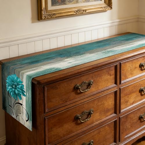 OYIMUA Soft Thick Chenille Teal and Grey Table Runner 72 Inches Long Vintage Abstract Painting Flowers Spring Summer Rustic Dining Table Decorations for Home Indoor Outdoor - size: 13" x 72", Table Runner, style: Teal