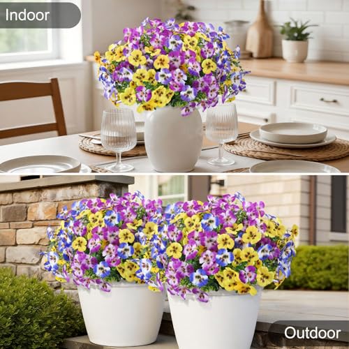 Artificial Pansies Flowers for Outdoor Faux Flower Spring Summer Decor, 12 Bundles Realistic Fake Silk Flowers Outside UV Resistant for Porch Patio Garden Home Window Box Planters Purple Mix - color: Purple Lilac Yellow