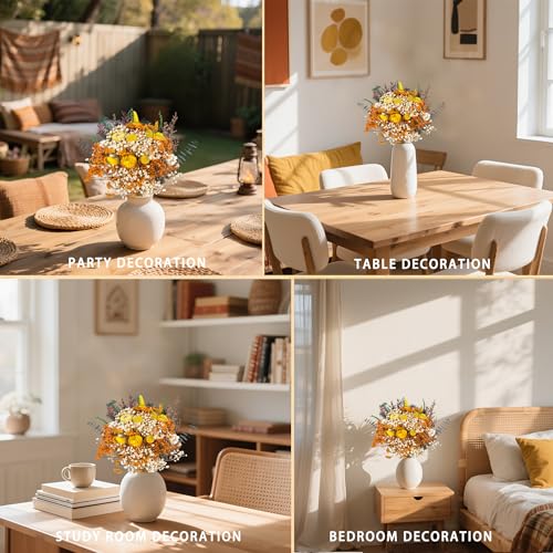 Handmade Dried Flower Bouquet, 14” Natural Orange & Yellow Floral Arrangement with Baby’s Breath, Craspedia & Eucalyptus – Boho Home Decor, Wedding Centerpieces, Rustic Floral Gift - color: Orange