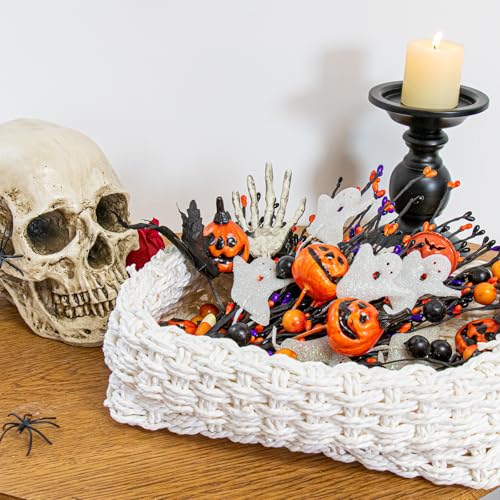 VioletEverGarden 10 Pack Halloween Stems 17 Inch Halloween Floral Picks 3 Styles Berry Branches with Pumpkin Skeleton and Ghost for Gothic Holidays Celebration