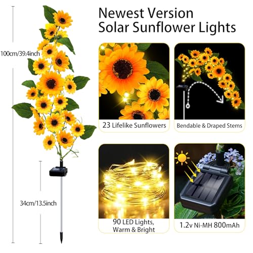 Solar Garden Lights Outdoor, Solar Sunflower Lights with 46 Lifelike Sunflower, Waterproof 90 Bright LED Fall Flowers Garden Decor for Patio Flower Bed Yard, Gift for Mom (2 Pack) - color: Warm White, size: Sunflower-2 Pack