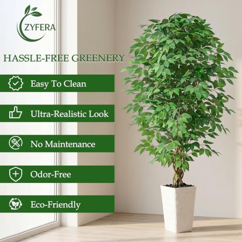 6FT Artificial Ficus Tree Indoor, Large Fake Ficus Tree with Natural Wood Trunk & Realistic Silk Leaves, Tall Faux Tree for Living Room, Office, Home Decor, White Pot Included