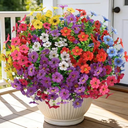 24 Bundles Artificial Flowers for Outdoors, UV Resistant Faux Flowers for Outdoor Planters, Fake Flowers for Outside Porch Patio Window Box, Mixed Color Daisy Bushes for Garden Decor(MUL) - color: Red + Purple + Blue + Yellow + Rose Red + White