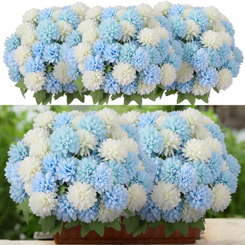 XunYee 12 Pcs Blue Artificial Flowers for Outdoor Decorations Spring Faux Chrysanthemums Mums Blue White Fake Flowers for Outside Garden Porch Window Patio Vase Table Wedding Home Decor - color: Blue
