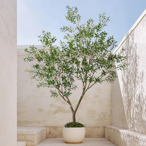 10ft Faux Olive Tree with White Pot & Moss, Artificial Olive Tree Indoor Outdoor, PE/PVC Leaves, Realistic Resin Trunk Large Fake Olive Tree Artificial Plants Indoor, Faux Plants Indoor for Home Decor - size: 10ft