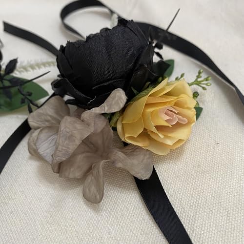 Corsage and Boutonniere Set, Handmade Artificial Peony Rose Wrist Corsage Wristlet and Groom Boutonniere for Men Wedding Prom Suit Decorations (Black and Yellow) - color: Black and Yellow
