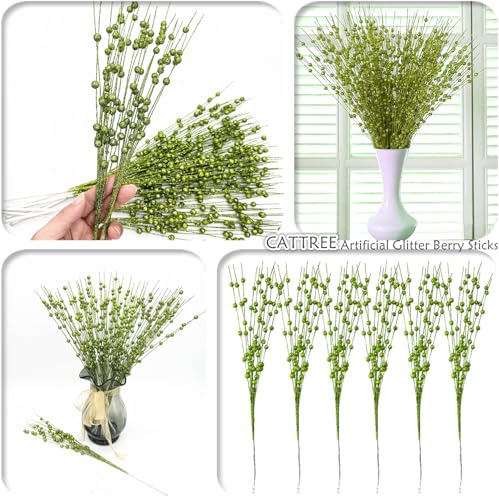 Artificial Glitter Berry Stem Ornaments, Fake Christmas Picks Decorative 17 inches Glitter Bead Sticks for Christmas Tree DIY Wreath Crafts Vase Gift Fireplace Holiday Home Decor - Green 10 Pack - color: Glitter Berries Stems Sticks - Green 10 Pcs