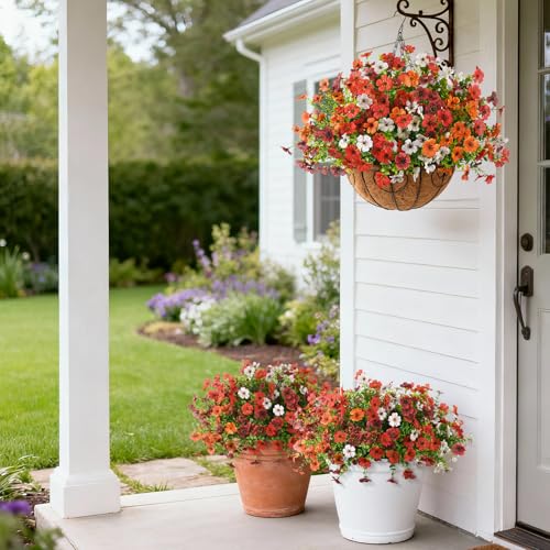 Artificial Flowers for Outdoors, 12 Bundles Multicolor Fake Silk Flowers Faux Plants Outside for Planter for Summer Decoration UV Resistant No Fade Porch Patio Yard Home Decor - color: Red,brown,white,orange