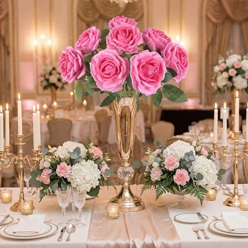 8PCS Artificial Flowers Velvet Roses Big Head Faux Rose Flowers with Long Steam for DIY Wedding Party Decoration(Pink) - color: Pink