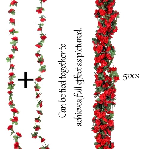 BSMYBO 10 Pcs 82 FT Artificial Red Flower Garland, Fake Hanging Flower Vines Wine Red Rose with Green Leaves, Faux Silk Flower for Backdrop Decoration Tea Party Wedding Birthday Anniversary Bedroom - color: Wine Red, size: 10pcs